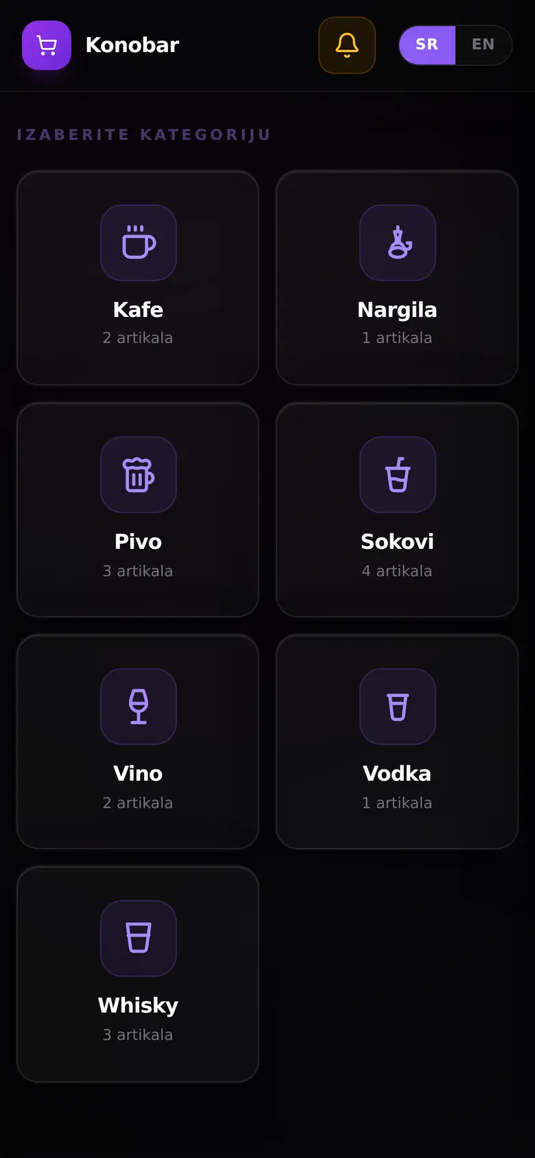 X Konobar digitalni meni — kategorije sa Kafe, Pivo, Sokovi karticama